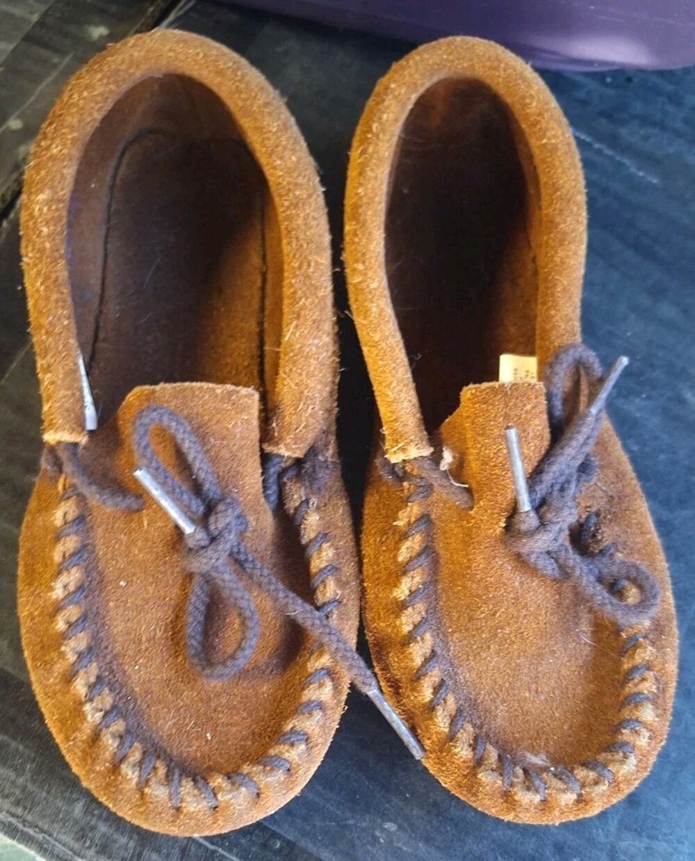 Minnetonka Youth 1 Moccasins Brown Suede Slip On Rubber Sole